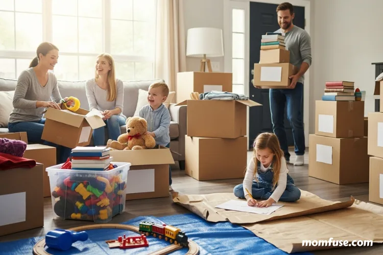 A happy family packing their home for a move, surrounded by organized boxes, toys, clothes.