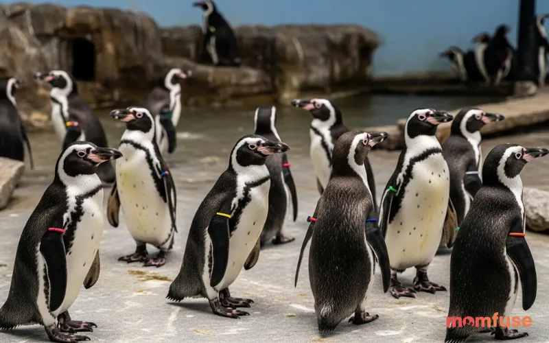 Multiple penguins gathered indoors zoo-like environment, interacting playfully, soft lighting, realistic documentary style