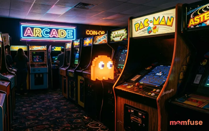 Retro arcade setting with a single orange ghost glowing softly, vintage atmosphere, neon reflections, realistic textures