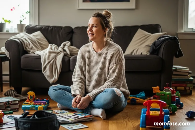 A tired but strong mother sitting on the floor of a cluttered living room.