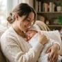 Mother cuddling a sleeping newborn baby on a couch
