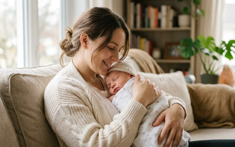 Mother cuddling a sleeping newborn baby on a couch