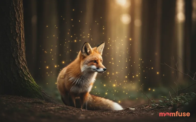 “realistic fox in forest with soft glowing light particles, subtle magical atmosphere, natural lighting, high detail”