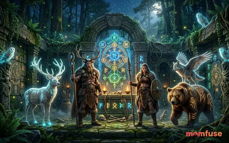 “ancient hunting gods in forest temple, glowing symbols, mystical animals, rich fantasy art style”