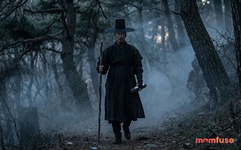 “Korean grim reaper (jeoseung saja), black robes, glowing eyes, spiritual fog, ancient mythology, dark cinematic atmosphere”