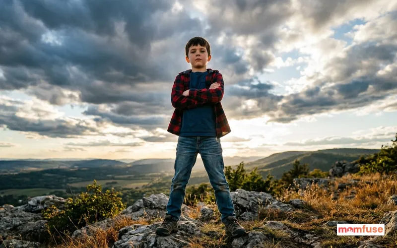 strong confident boy standing outdoors, powerful pose, dramatic sky background, natural lighting.
