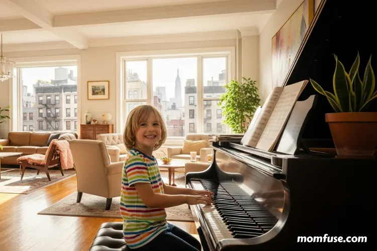 A cheerful child playing piano in a bright New York apartment.