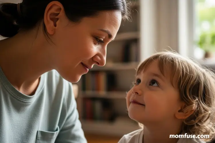 Parent gently speaking to a child, both showing expressive but calm faces.