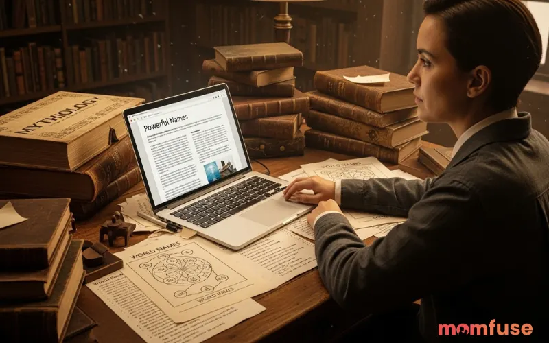 A thoughtful historian or writer sitting at a wooden desk surrounded by ancient books, mythology texts, and handwritten notes about world names, researching powerful names on a laptop, warm study room lighting, intellectual atmosphere