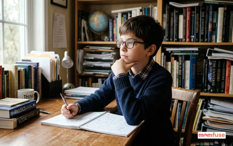 intelligent looking boy wearing glasses, thinking pose, office or study background, natural lighting.