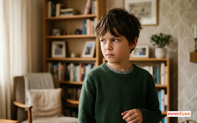 Boy with neutral face looking sideways, subtle suspicious expression, indoor soft lighting.