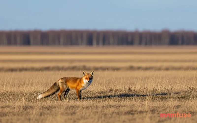 “realistic fox in open landscape, wide shot, natural environment, clean composition, high resolution wildlife photography”