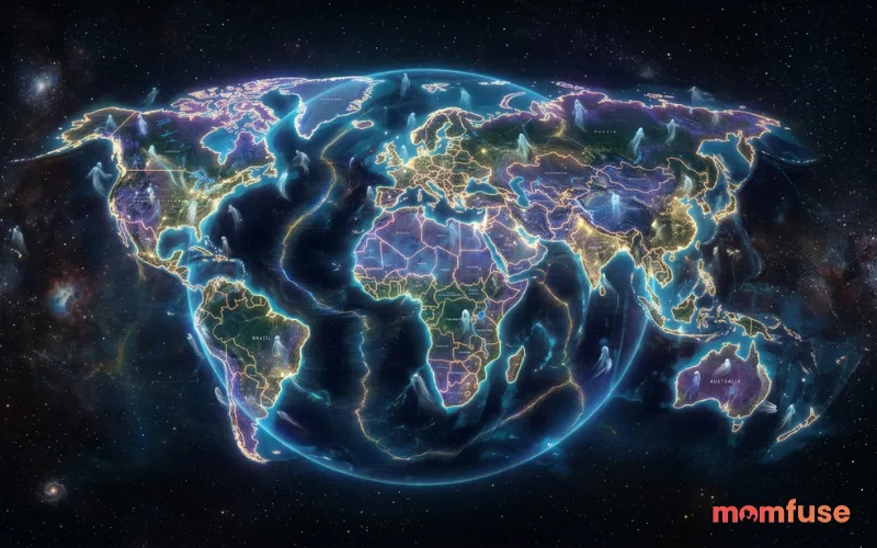 World map glowing with spiritual energy, faint ghost figures appearing across continents, dark background, cinematic global concept