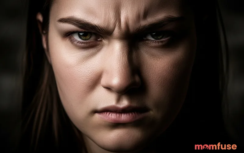 Human portrait showing deep intense emotion, serious face symbolizing inner conflict and anger, dark dramatic lighting