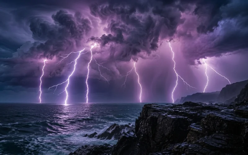 Lightning strikes over a stormy ocean beside a rocky coastline at night.