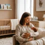 Mother holding and cuddling her newborn baby in a cozy nursery