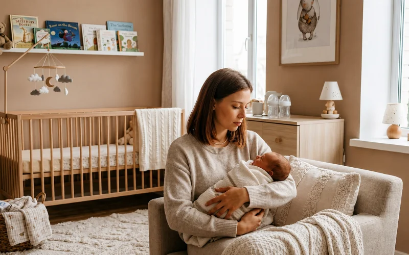 Mother holding and cuddling her newborn baby in a cozy nursery