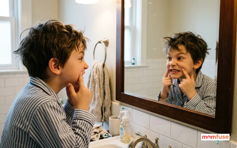 Boy looking into mirror, adjusting his face expression, realistic reflection, indoor lighting.