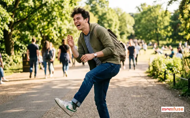 playful young man laughing, energetic pose, casual clothes, bright daylight, candid realistic shot.