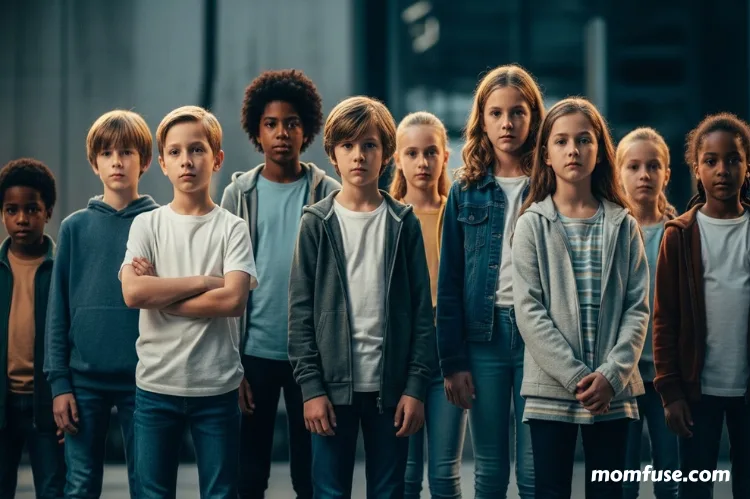 A cinematic of a diverse group of children standing confidently, symbolizing strength and protection, modern editorial style.