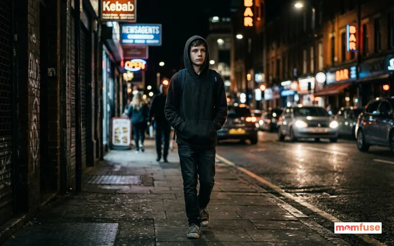 Boy in dark hoodie walking at night street, low light, serious expression, cinematic realistic photo.