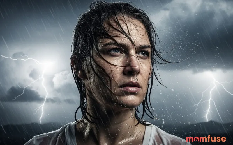 Strong determined person standing in stormy environment with intense expression symbolizing power