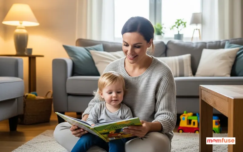 Professional nanny reading storybook to toddler in living room, warm home setting.