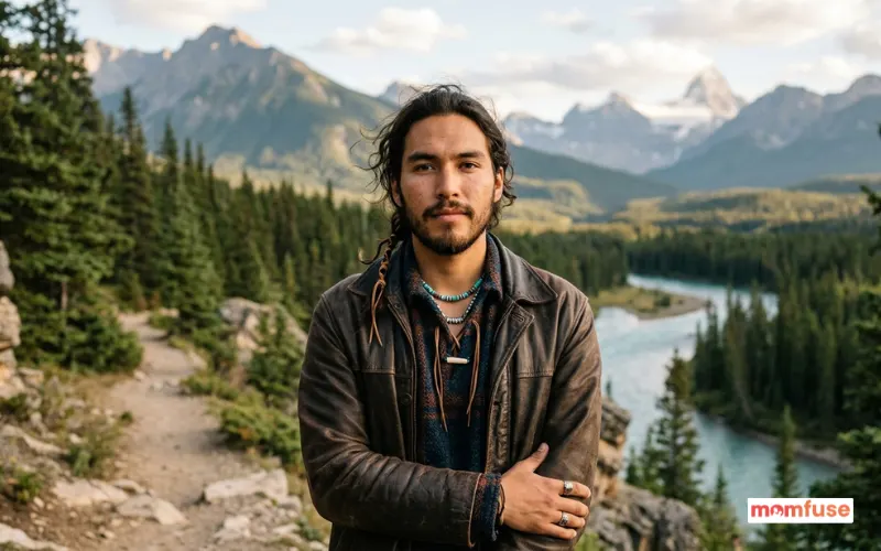 indigenous looking young man with calm strong expression, outdoor nature background, natural light.