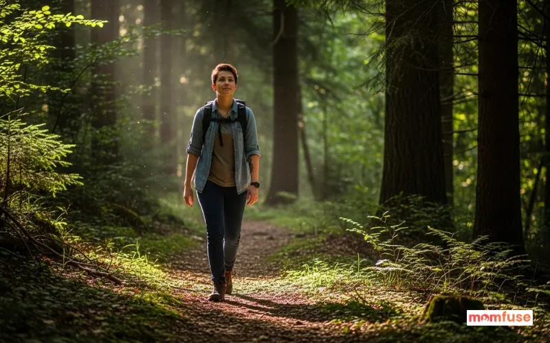 androgynous young adult walking through forest trail, peaceful expression.