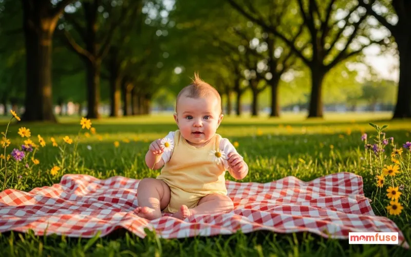 Baby sitting on a picnic blanket in a park, surrounded by trees and flowers, golden hour sunlight.