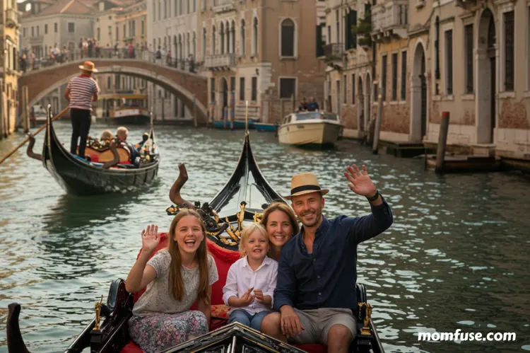 Children and parents riding a gondola and a vaporetto.