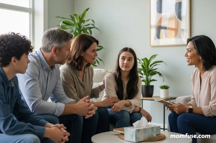A supportive conversation between family members and a counselor in a neutral setting.