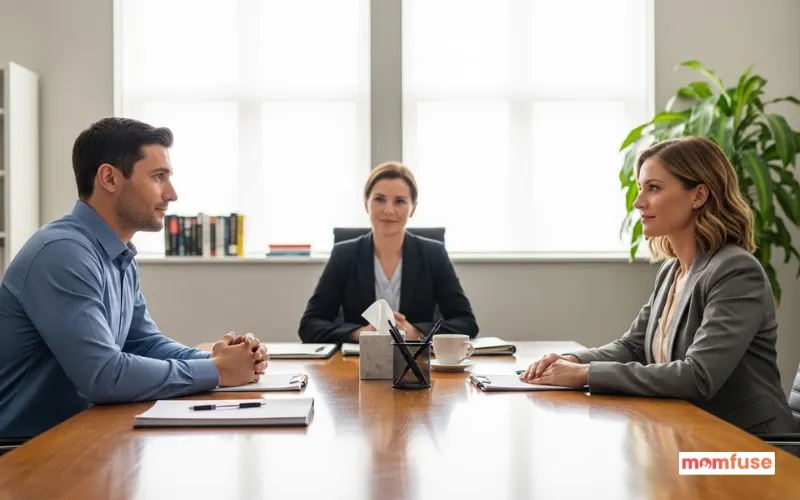 Separated parents having a calm discussion with a mediator in a professional office.