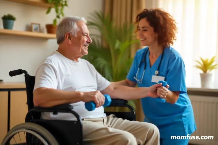 A determined individual in recovery exercising under the guidance of a physical therapist. 