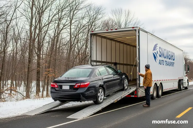 Professional snowbird auto transport scene: enclosed transport truck loading a family vehicle, winter road with light snow.