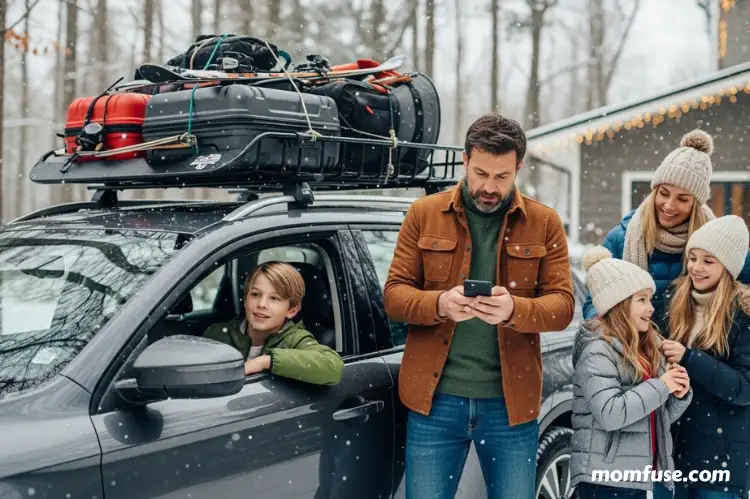 Family preparing for winter road trip: car packed, checking weather forecast on phone.