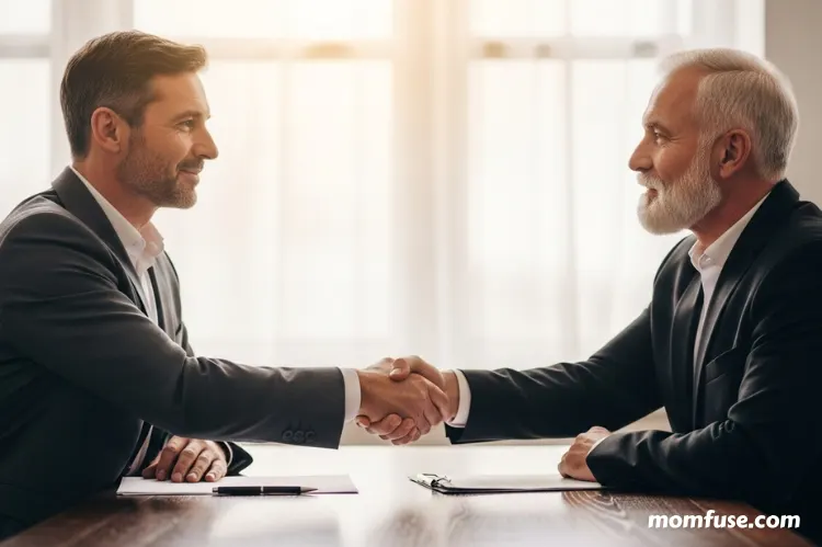 Two people sitting across a table shaking hands.