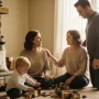 Happy New Jersey family with young child, warm home setting, parent talking to nanny while child plays.