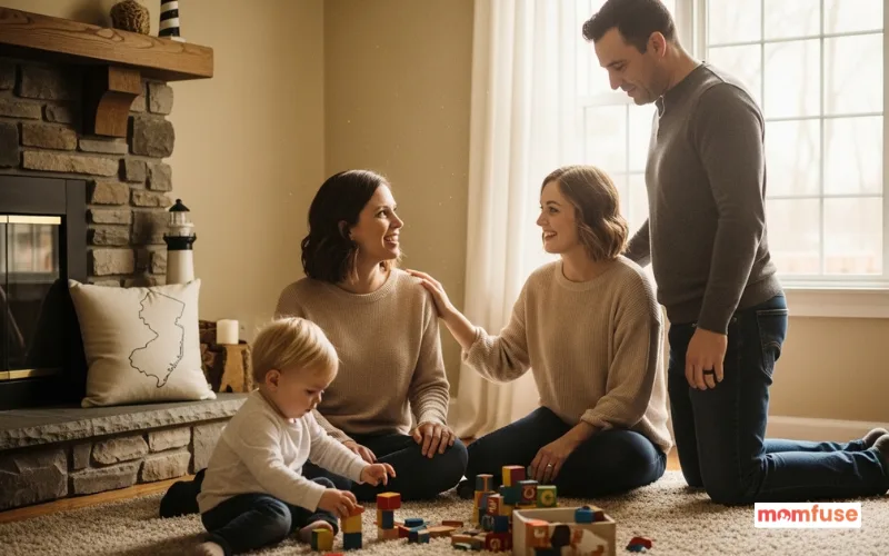 Happy New Jersey family with young child, warm home setting, parent talking to nanny while child plays.