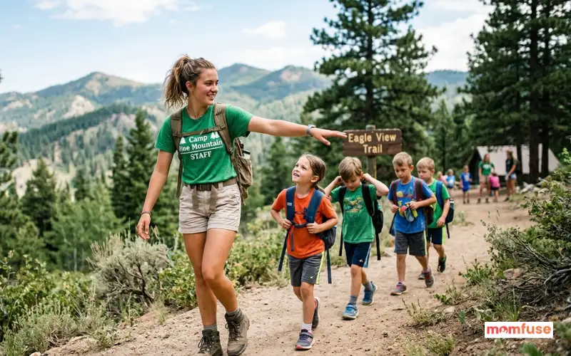 confident teenager leading younger campers during outdoor adventure activity.