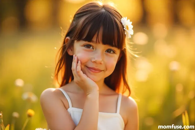 A child girl with dark brown hair and bangs poses gracefully in a white dress with delicate straps.