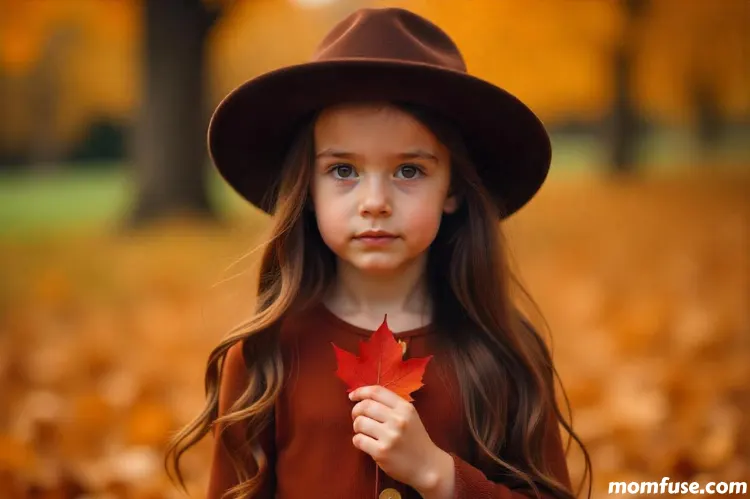 A child girl with long, flowing brown hair stands in an autumn setting. 