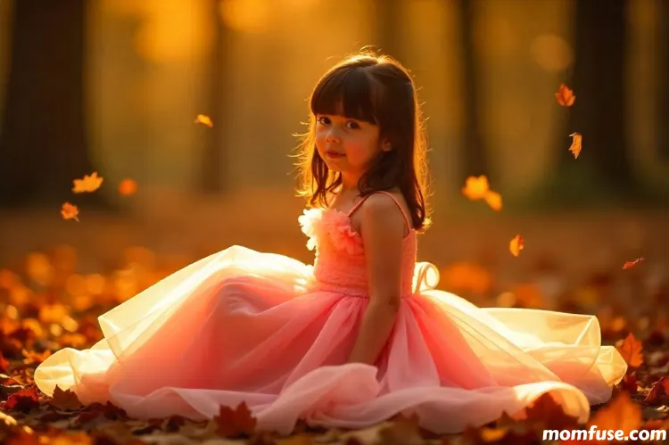 A child girl with dark hair and bangs sits gracefully in a forest setting, warm golden sunlight.