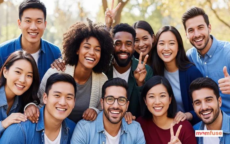 diverse multicultural group of young adults smiling together, different ethnic backgrounds.