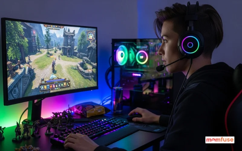 androgynous gamer wearing headset playing RPG game on computer setup with RGB lights.