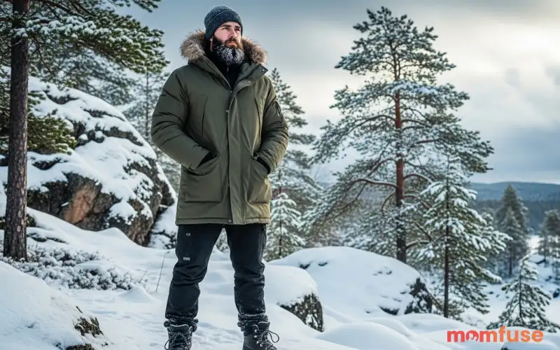 Bearded Scandinavian man wearing modern winter clothing standing in snowy Nordic landscape with strong determined expression, symbolizing Viking heritage 