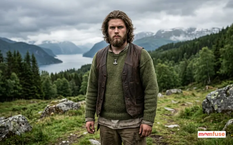 strong nordic looking boy with long hair and beard, serious expression, standing outdoors.