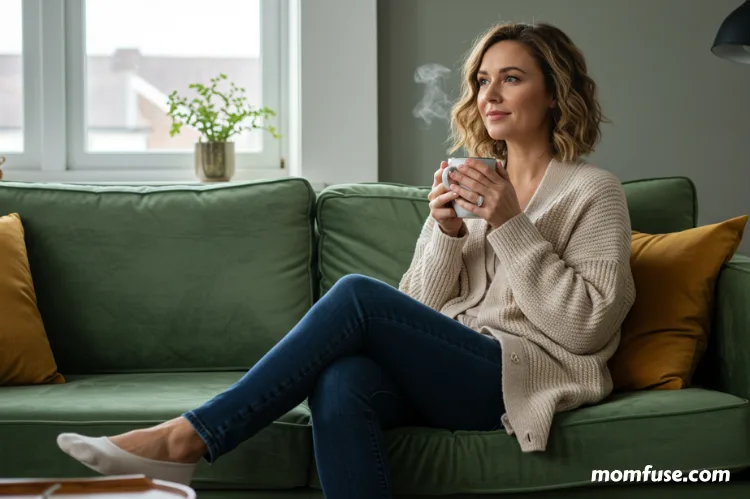 A thoughtful young woman in her 30s sitting on a cozy couch, holding a warm mug.