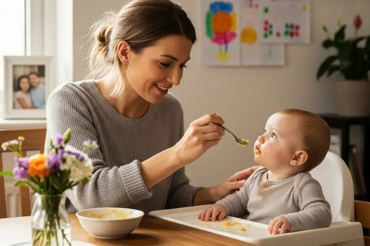 A heartwarming scene of a mother sitting at a dining table in soft daylight, gently feeding her baby in a cozy home environment.