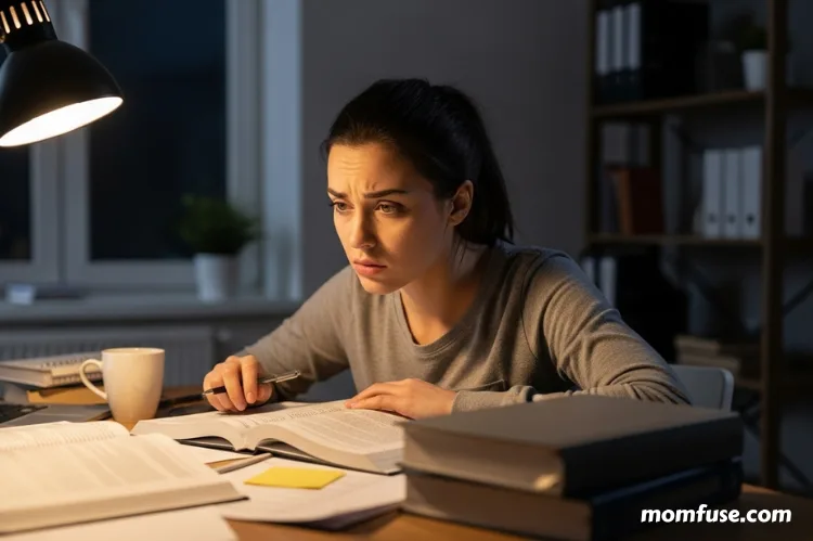 A nursing student studying late at night, tired but determined expression.